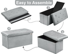 Foldable Velvet Designed Storage Ottoman - Grey