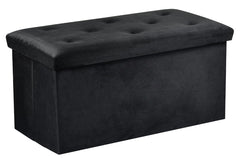 Foldable Velvet Designed Storage Ottoman - Black