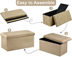 Foldable Velvet Designed Storage Ottoman - Beige