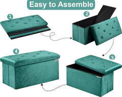 Foldable Velvet Designed Storage Ottoman - Green