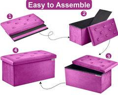 Foldable Velvet Designed Storage Ottoman - Purple