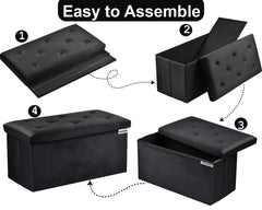 Foldable Velvet Designed Storage Ottoman - Black